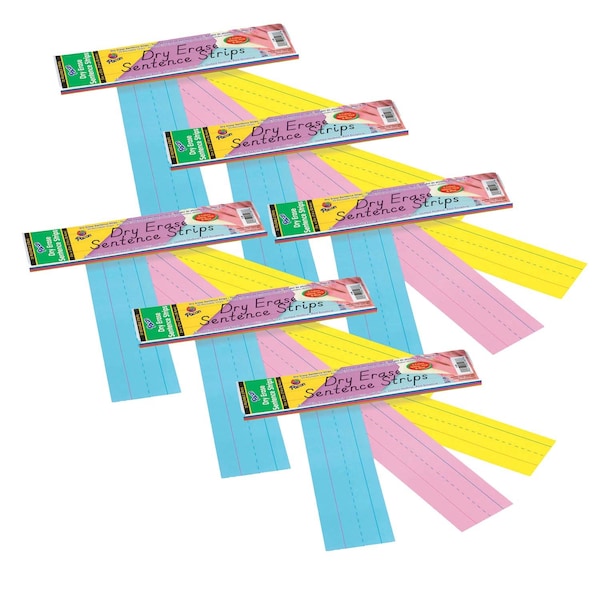 Dry Erase Sentence Strips, 3 Colors, Ruled, 3x12in, PK180